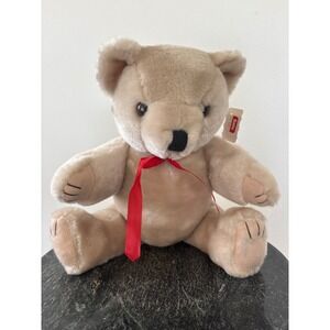Vintage Artisan Jointed Tan Plush Teddy Bear Red Ribbon Style RN 80265 15 Inch